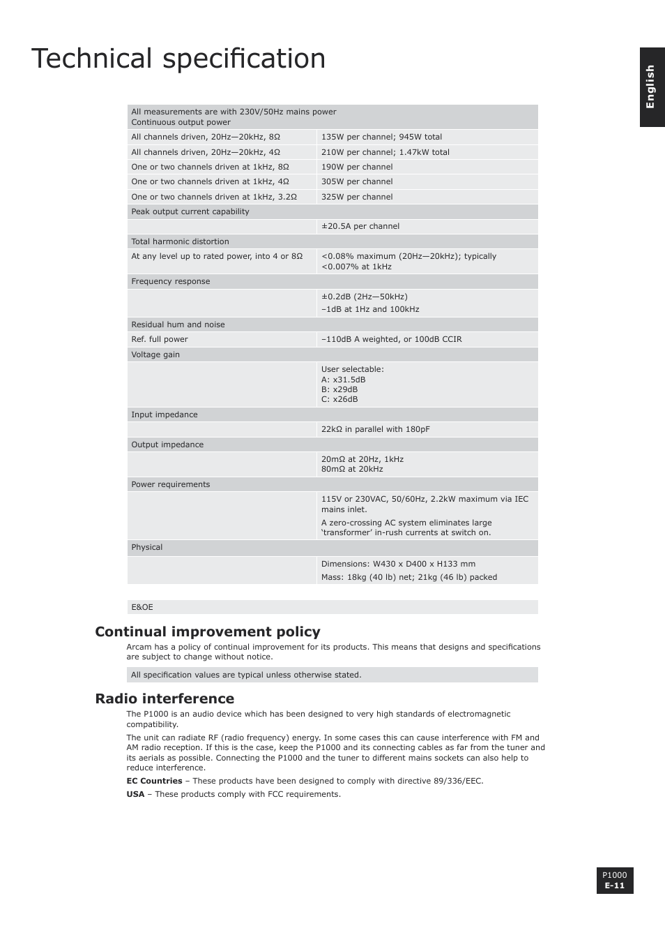 Technical specification, Continual improvement policy, Radio interference | E-11, E-11 radio interference | Arcam P1000 User Manual | Page 11 / 60