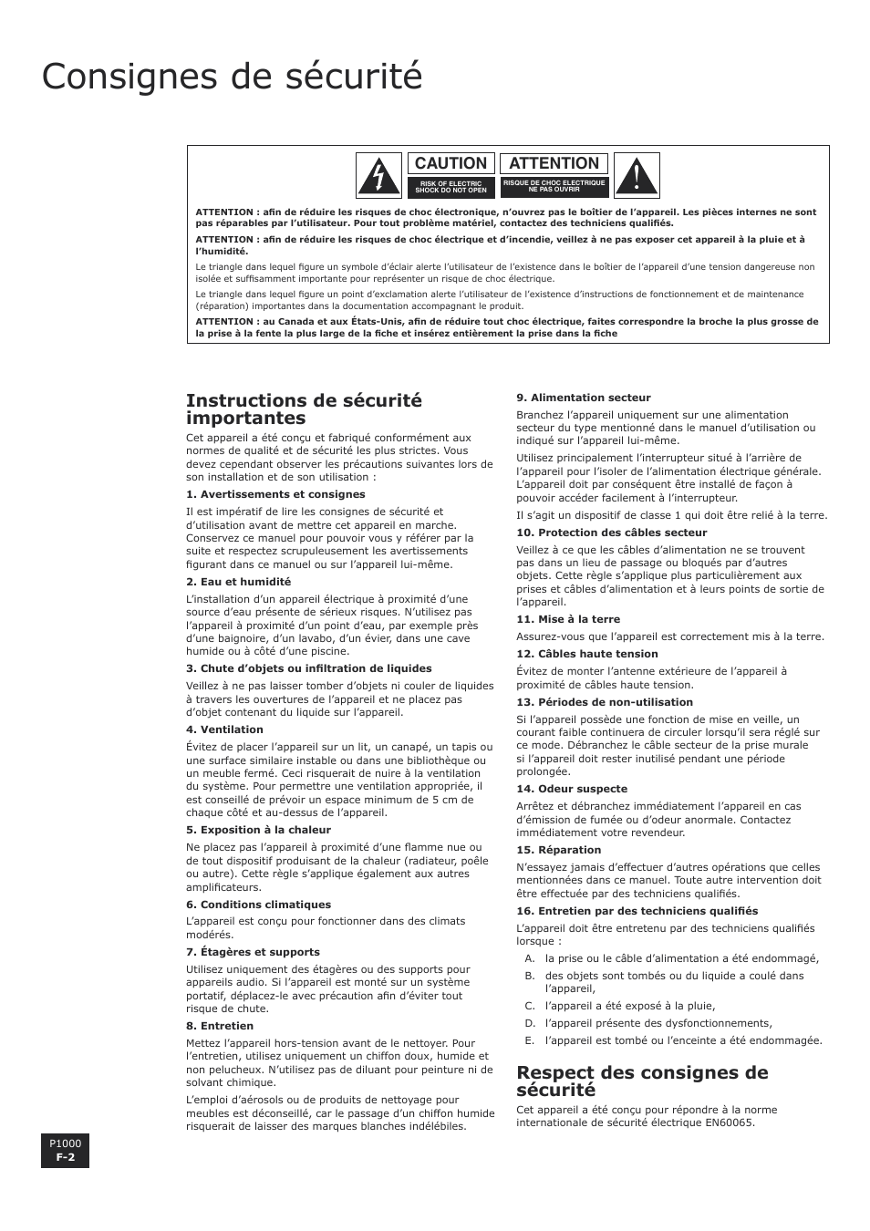 Consignes de sécurité, Instructions de sécurité importantes, Respect des consignes de sécurité | Attention caution | Arcam P1000 User Manual | Page 14 / 60