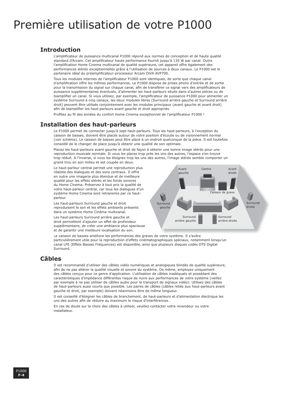 Première utilisation de votre p1000, Introduction, Installation des haut-parleurs | Câbles, F-4 installation des haut-parleurs, F-4 câbles | Arcam P1000 User Manual | Page 16 / 60