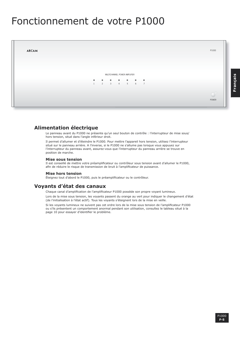 Alimentation électrique, Channel-status indicator lights, Fonctionnement de votre p1000 | F-5 channel-status indicator lights, Voyants d’état des canaux | Arcam P1000 User Manual | Page 17 / 60