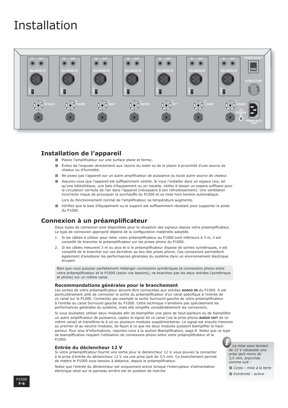 Installation, Installation de l’appareil, Connexion à un préamplificateur | Connexion à un préamplifi cateur | Arcam P1000 User Manual | Page 18 / 60