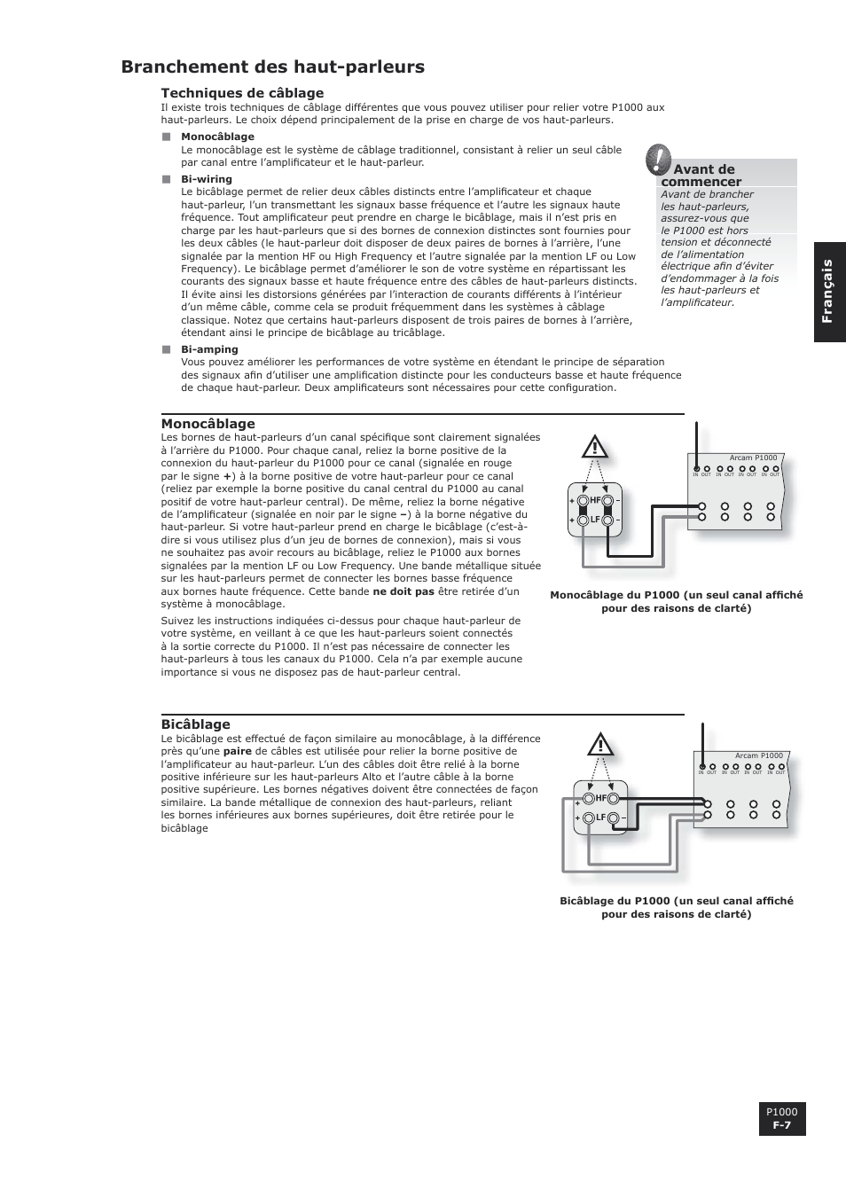 Branchement des haut-parleurs | Arcam P1000 User Manual | Page 19 / 60