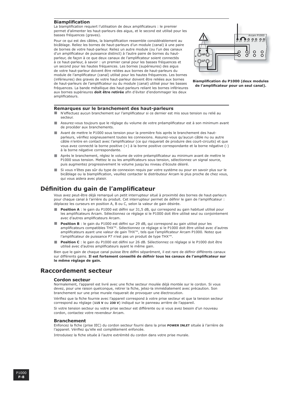 Définition du gain de l’amplificateur, Connecting to a power supply, F-8 connecting to a power supply | Défi nition du gain de l’amplifi cateur, Raccordement secteur | Arcam P1000 User Manual | Page 20 / 60