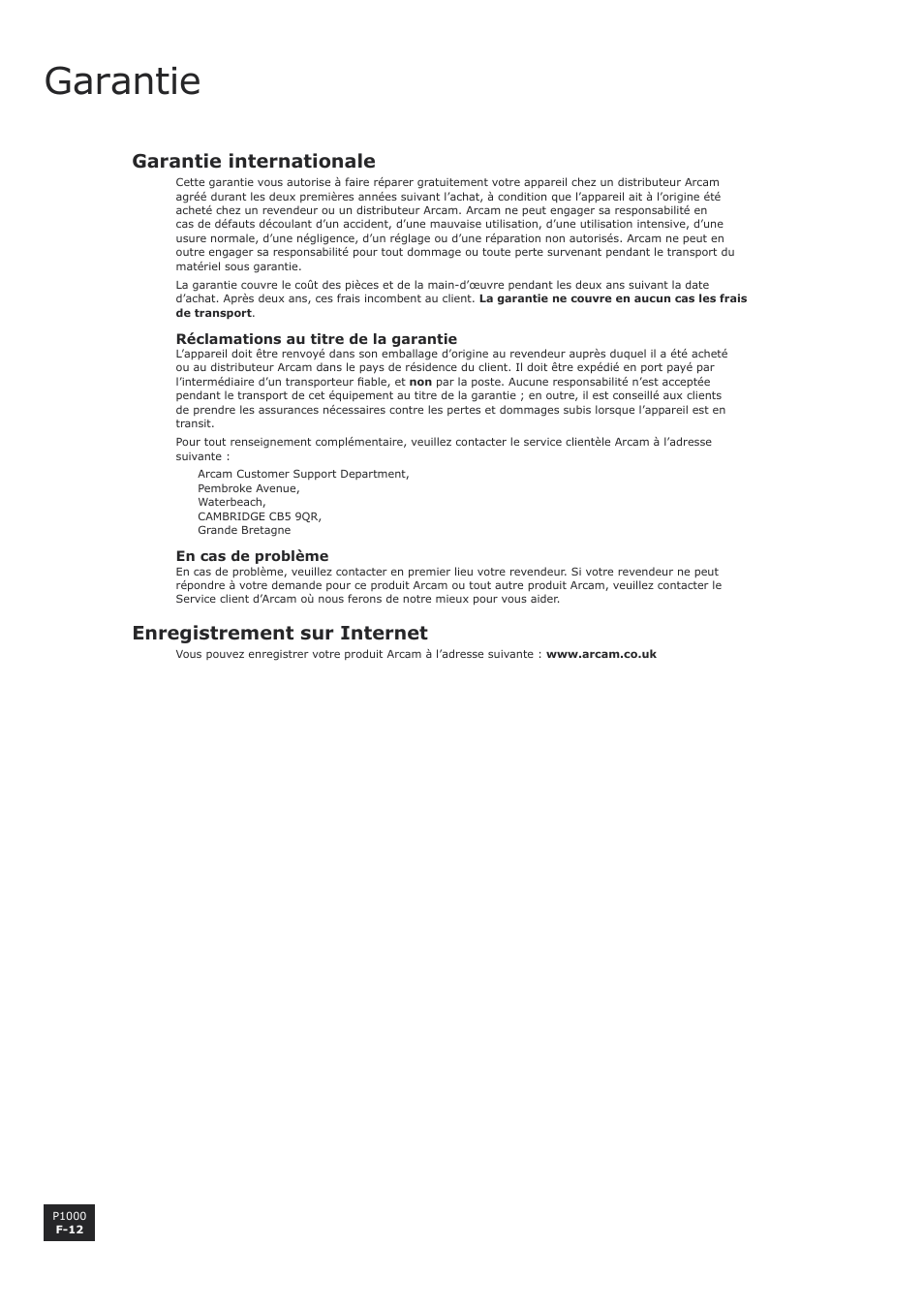 Garantie, Garantie internationale, Enregistrement sur internet | F-12, F-12 enregistrement sur internet | Arcam P1000 User Manual | Page 24 / 60