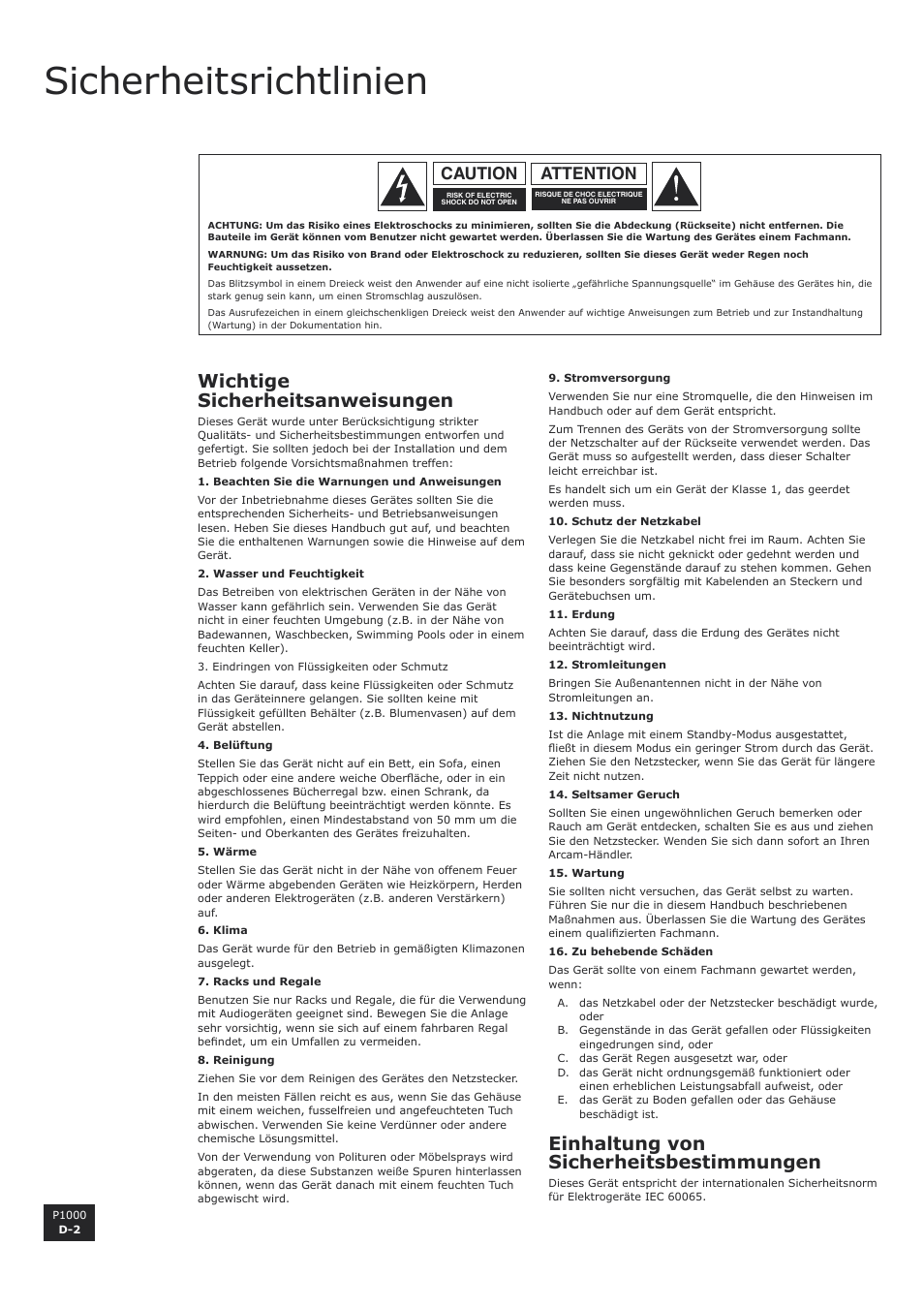 Sicherheitsrichtlinien, Wichtige sicherheitsanweisungen, Einhaltung von sicherheitsbestimmungen | Attention caution | Arcam P1000 User Manual | Page 26 / 60