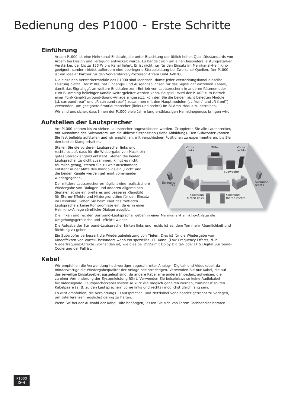 Bedienung des p1000 - erste schritte, Einführung, Aufstellen der lautsprecher | Kabel, D-4 aufstellen der lautsprecher, D-4 kabel | Arcam P1000 User Manual | Page 28 / 60