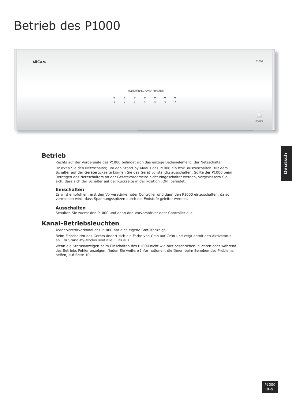 Betrieb des p1000, Betrieb, Channel-status indicator lights | D-5 channel-status indicator lights, Kanal-betriebsleuchten | Arcam P1000 User Manual | Page 29 / 60