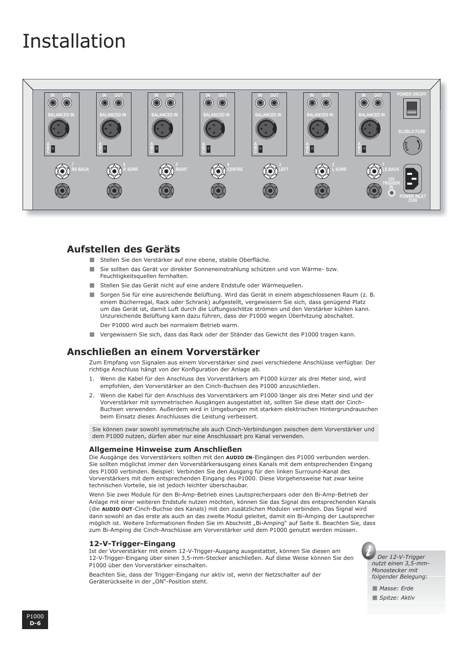 Aufstellen des geräts, Anschließen an einem vorverstärker, Installation | D-6 anschließen an einem vorverstärker | Arcam P1000 User Manual | Page 30 / 60