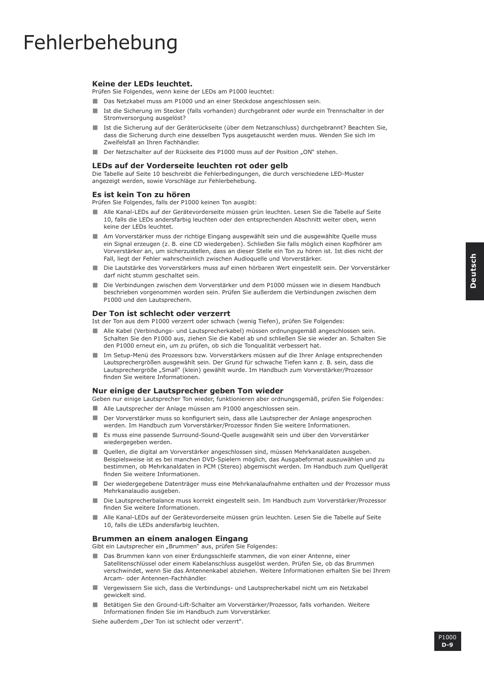 Fehlerbehebung | Arcam P1000 User Manual | Page 33 / 60