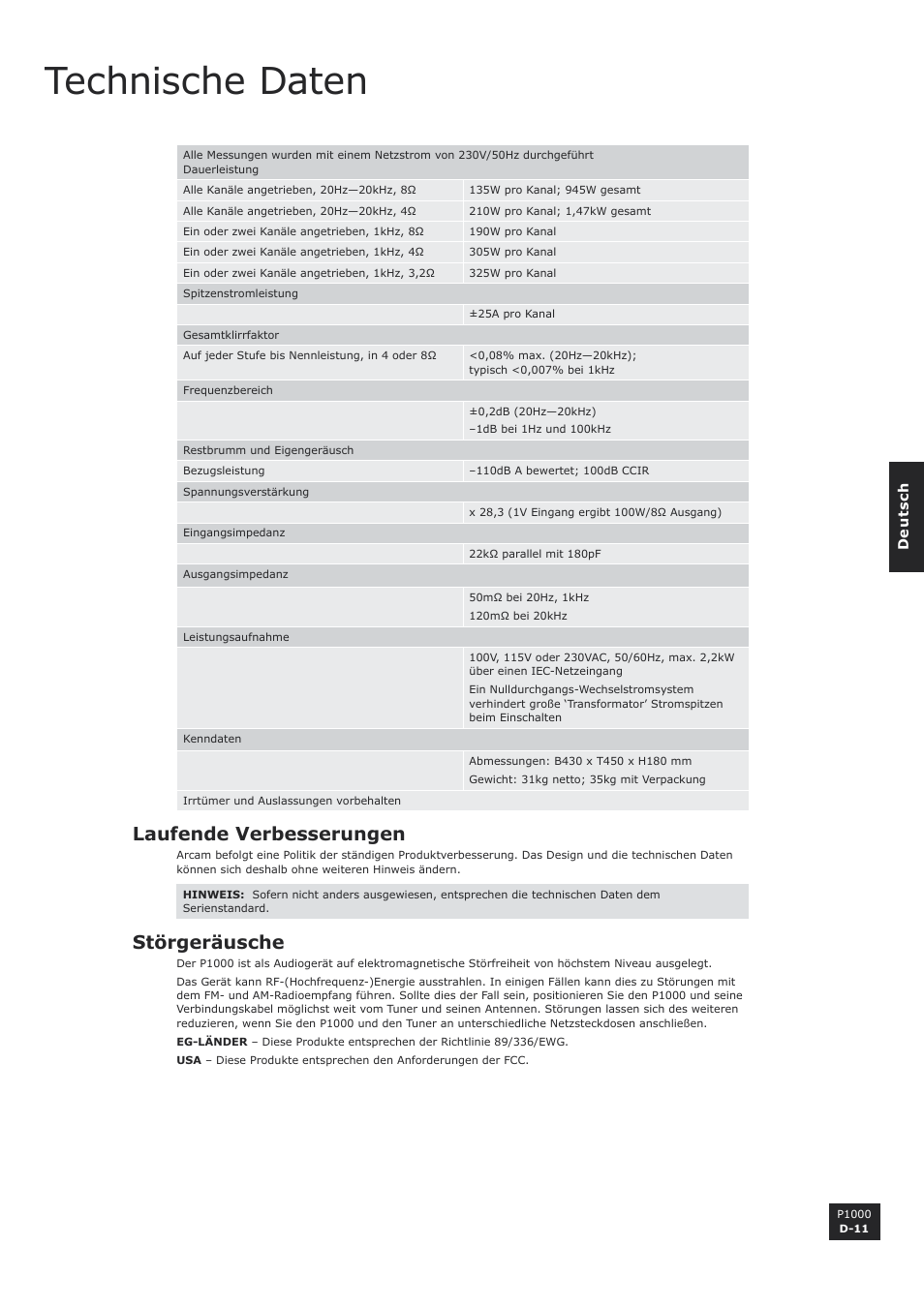 Technische daten, Laufende verbesserungen, Störgeräusche | D-11, D-11 störgeräusche | Arcam P1000 User Manual | Page 35 / 60
