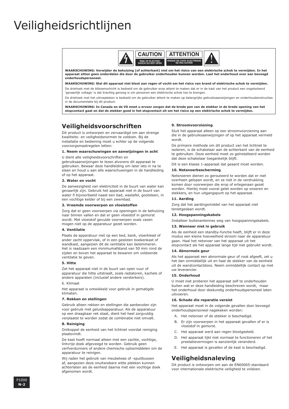 Veiligheidsrichtlijnen, Veiligheidsvoorschriften, Veiligheidsnaleving | Attention caution | Arcam P1000 User Manual | Page 38 / 60