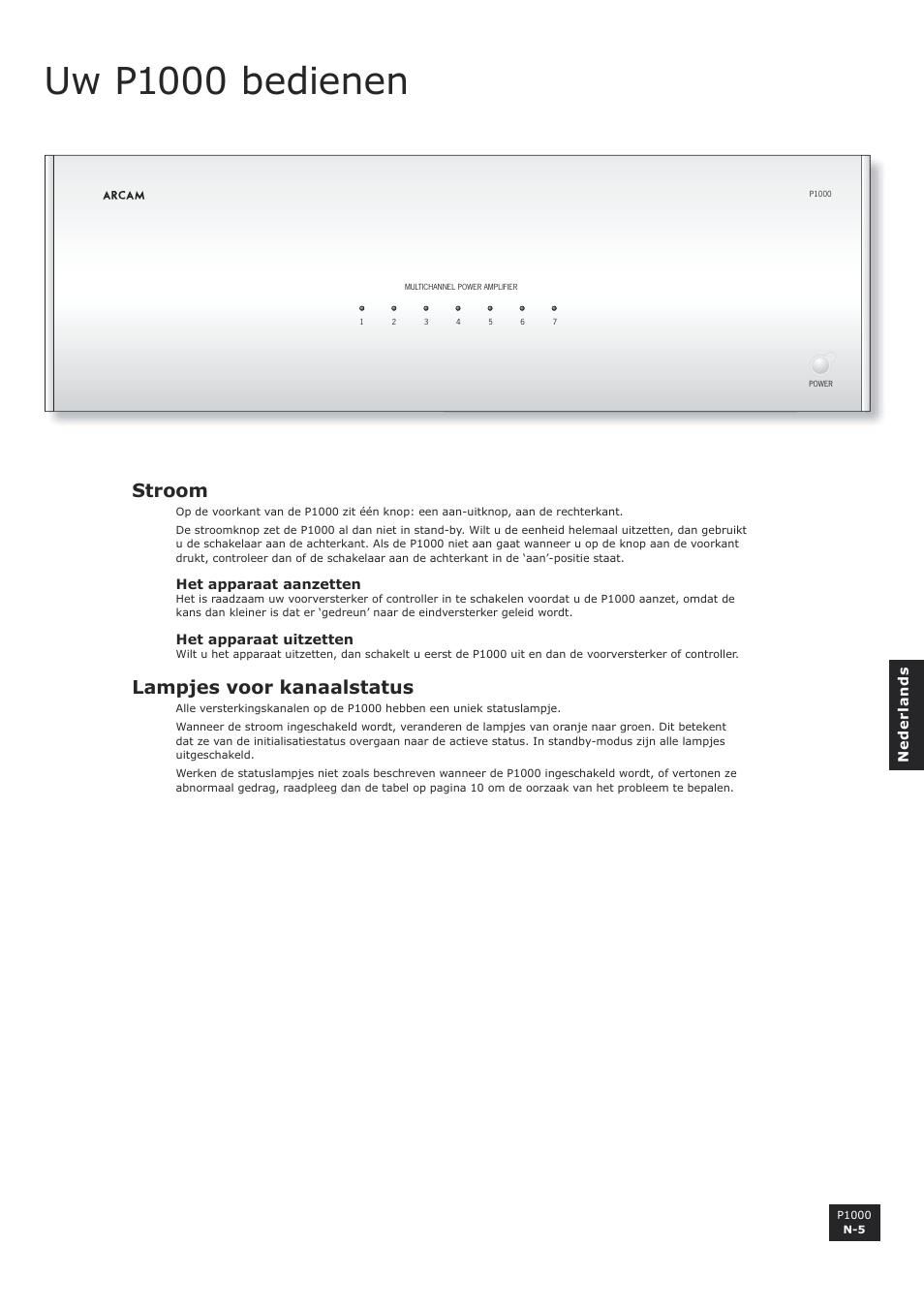 Uw p1000 bedienen, Stroom, Channel-status indicator lights | N-5 channel-status indicator lights, Lampjes voor kanaalstatus | Arcam P1000 User Manual | Page 41 / 60