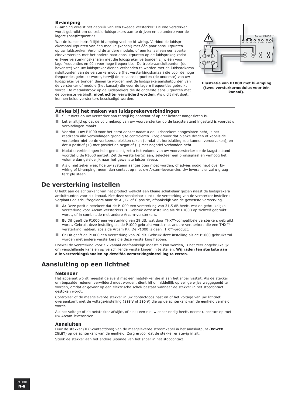 De versterking instellen, Connecting to a power supply, N-8 connecting to a power supply | Aansluiting op een lichtnet | Arcam P1000 User Manual | Page 44 / 60