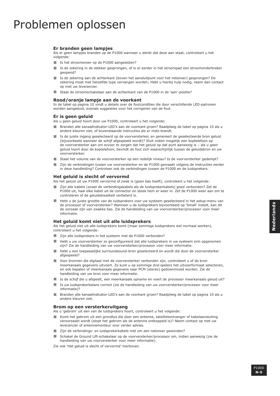 Problemen oplossen | Arcam P1000 User Manual | Page 45 / 60