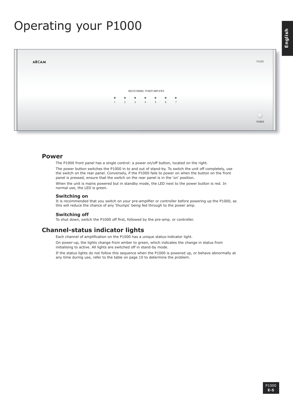 Operating your p1000, Power, Channel-status indicator lights | Arcam P1000 User Manual | Page 5 / 60