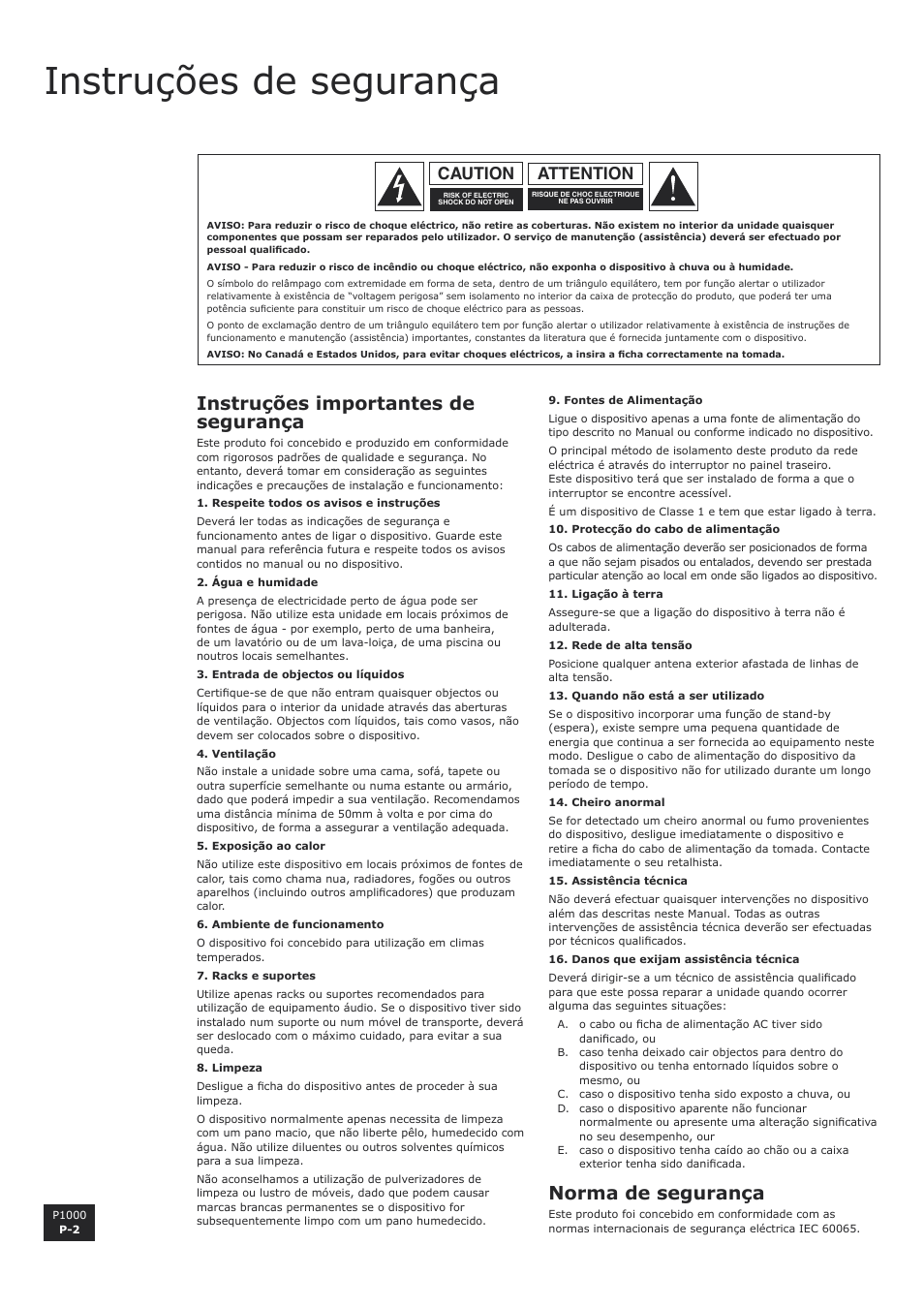 Instruções de segurança, Instruções importantes de segurança, Norma de segurança | Attention caution | Arcam P1000 User Manual | Page 50 / 60