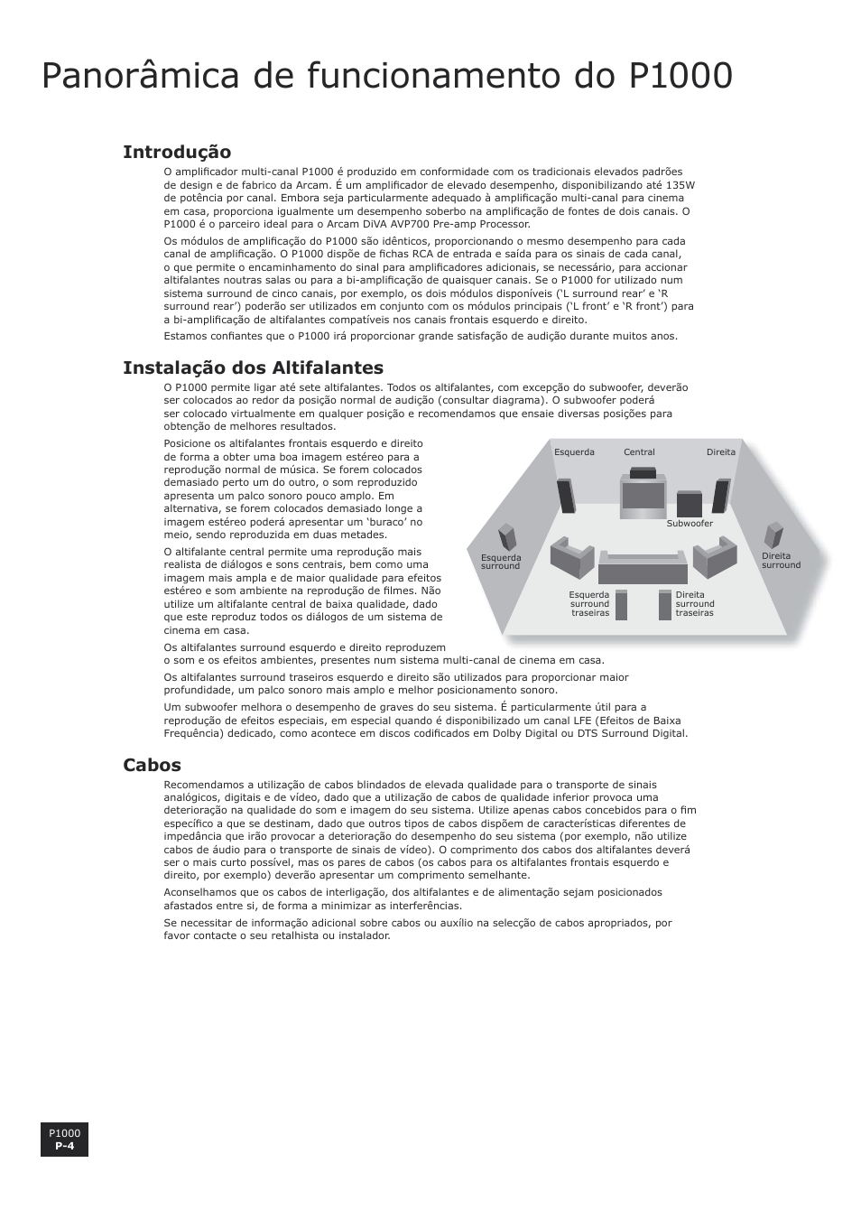 Panorâmica de funcionamento do p1000, Introdução, Instalação dos altifalantes | Cabos, P-4 instalação dos altifalantes, P-4 cabos | Arcam P1000 User Manual | Page 52 / 60