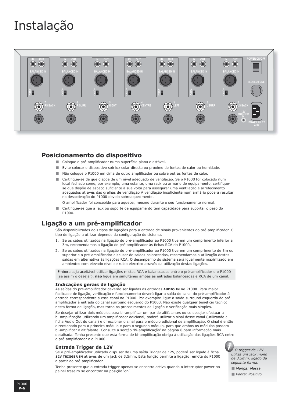 Posicionamento do dispositivo, Ligação a um pré-amplificador, Instalação | P-6 ligação a um pré-amplificador, Ligação a um pré-amplifi cador | Arcam P1000 User Manual | Page 54 / 60