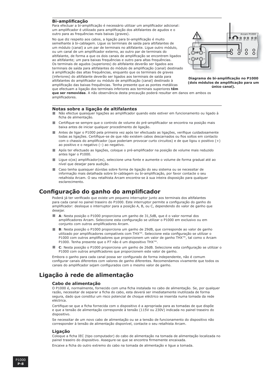 Configuração do ganho do amplificador, Ligação à rede de alimentação, P-8 ligação à rede de alimentação | Confi guração do ganho do amplifi cador | Arcam P1000 User Manual | Page 56 / 60