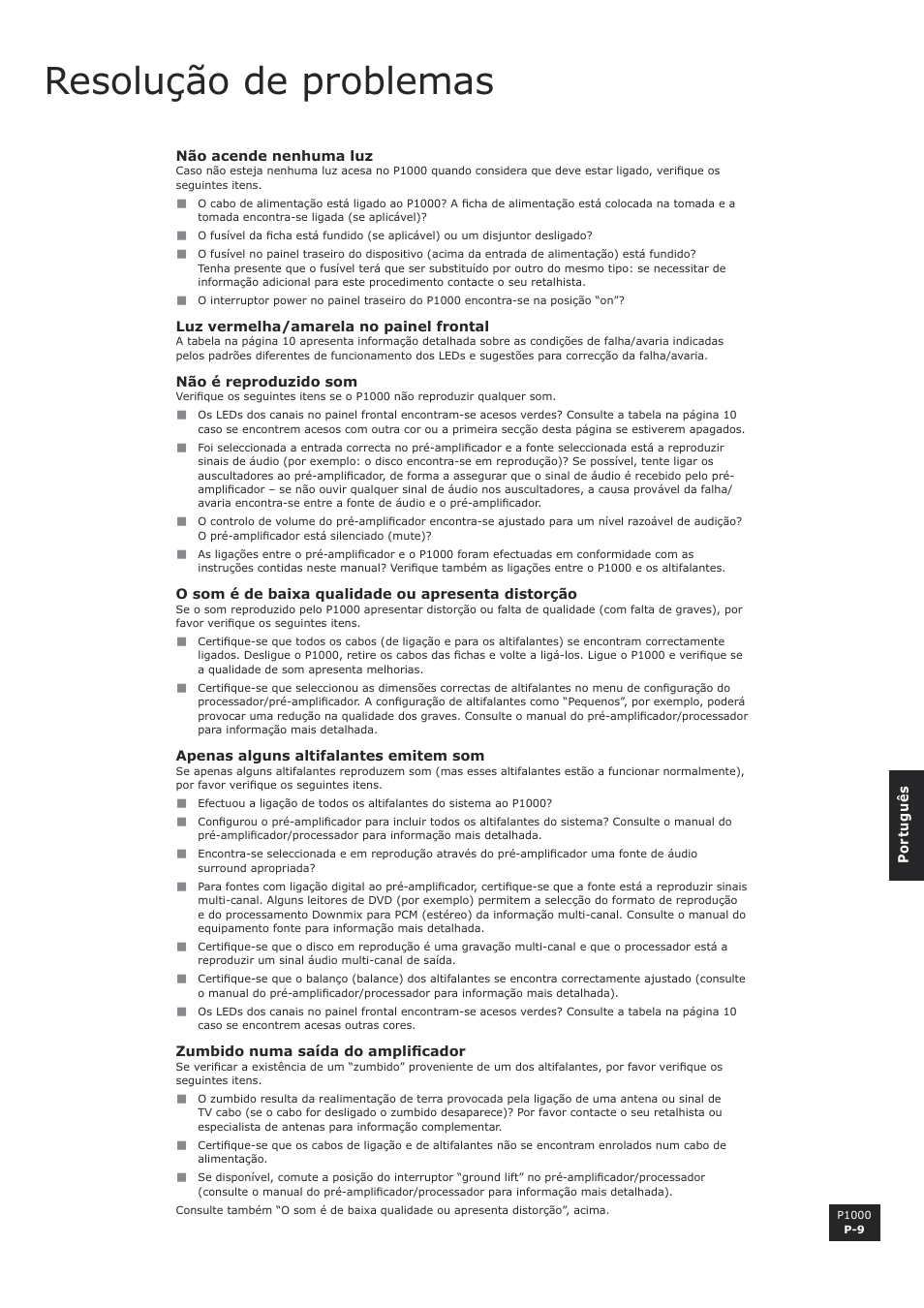 Resolução de problemas | Arcam P1000 User Manual | Page 57 / 60