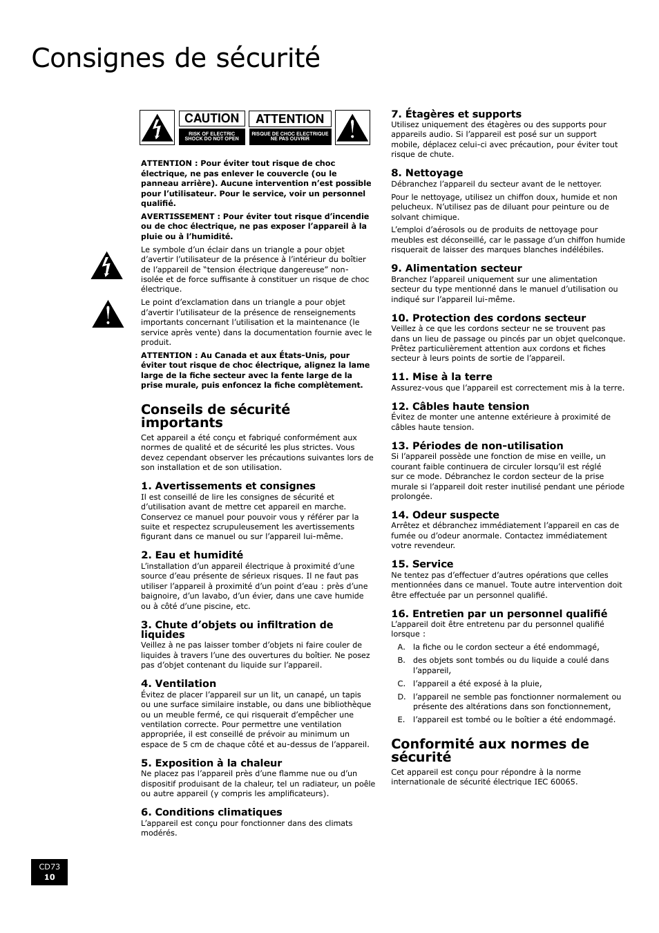 Consignes de sécurité, Conseils de sécurité importants, Conformité aux normes de sécurité | Fr an ça is, Attention caution | Arcam CD73 User Manual | Page 10 / 36