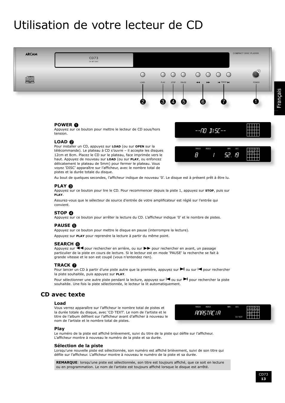 Utilisation de votre lecteur de cd, Cd avec texte, Français | Arcam CD73 User Manual | Page 13 / 36