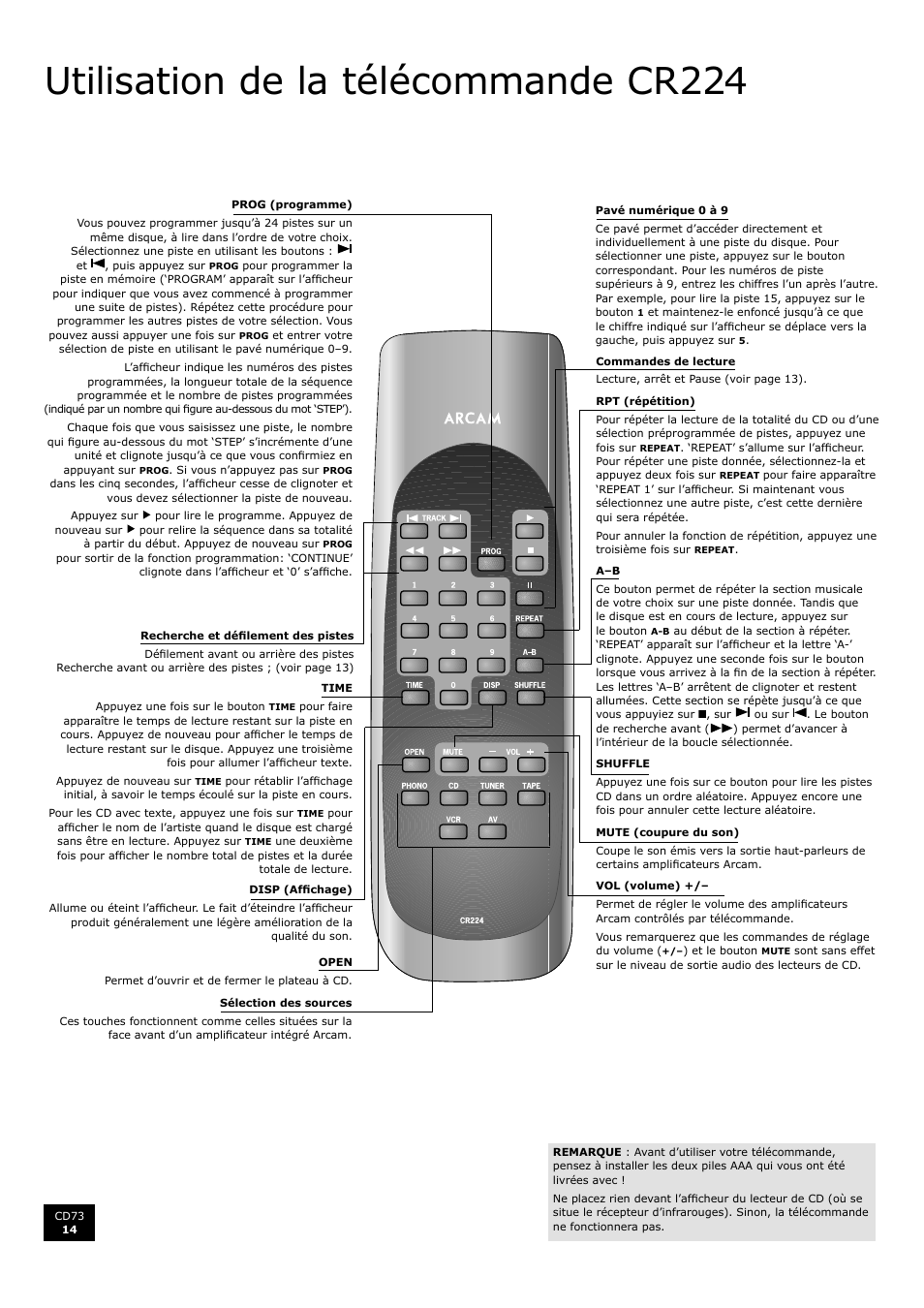 Utilisation de la télécommande cr224, Fr an ça is | Arcam CD73 User Manual | Page 14 / 36
