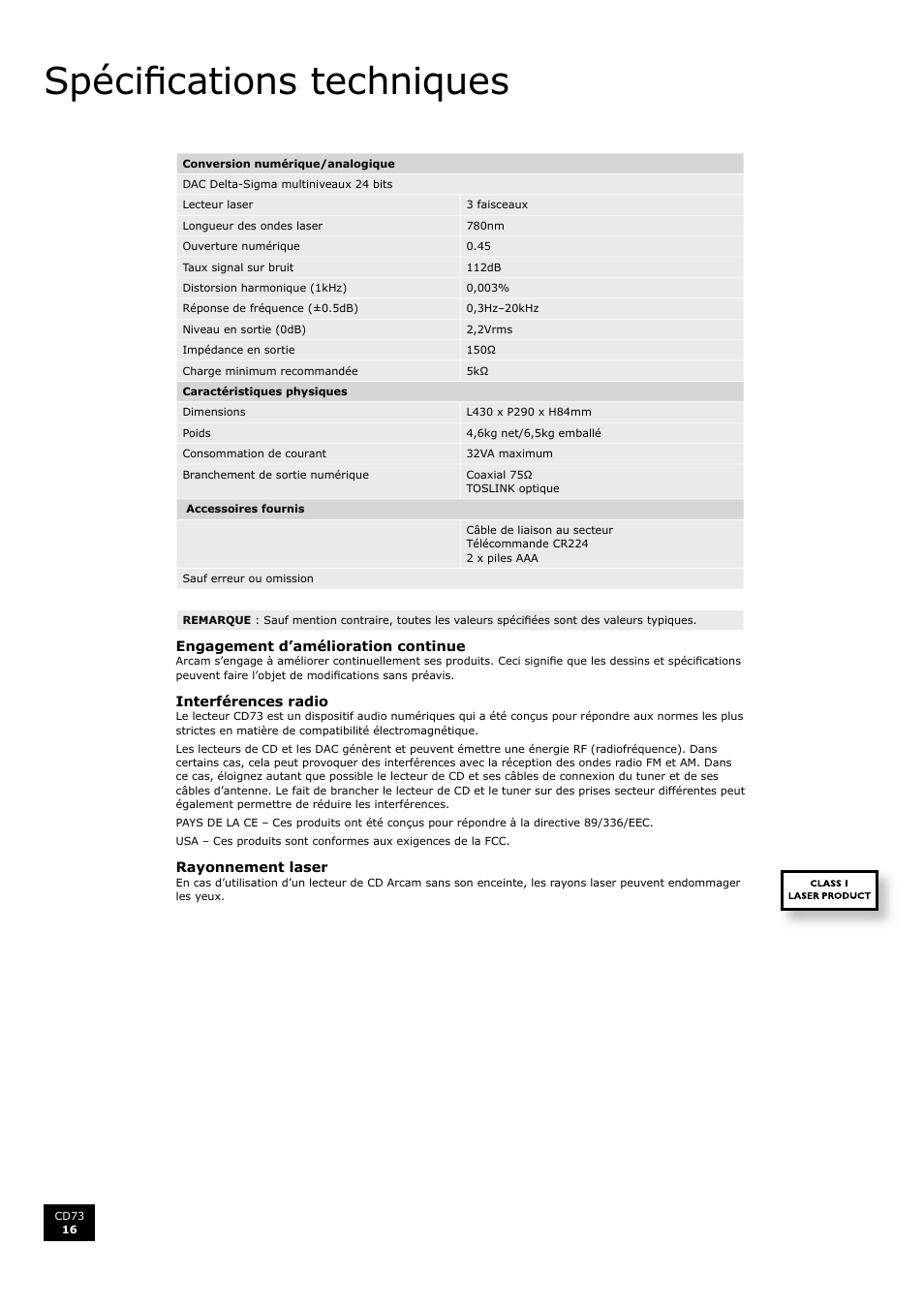 Spécifications techniques, Spécifi cations techniques, Français | Fr an ça is | Arcam CD73 User Manual | Page 16 / 36