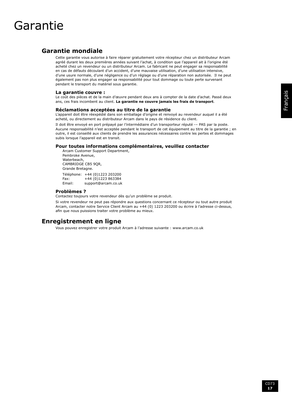 Garantie, Garantie mondiale, Enregistrement en ligne | 17 enregistrement en ligne, Français | Arcam CD73 User Manual | Page 17 / 36