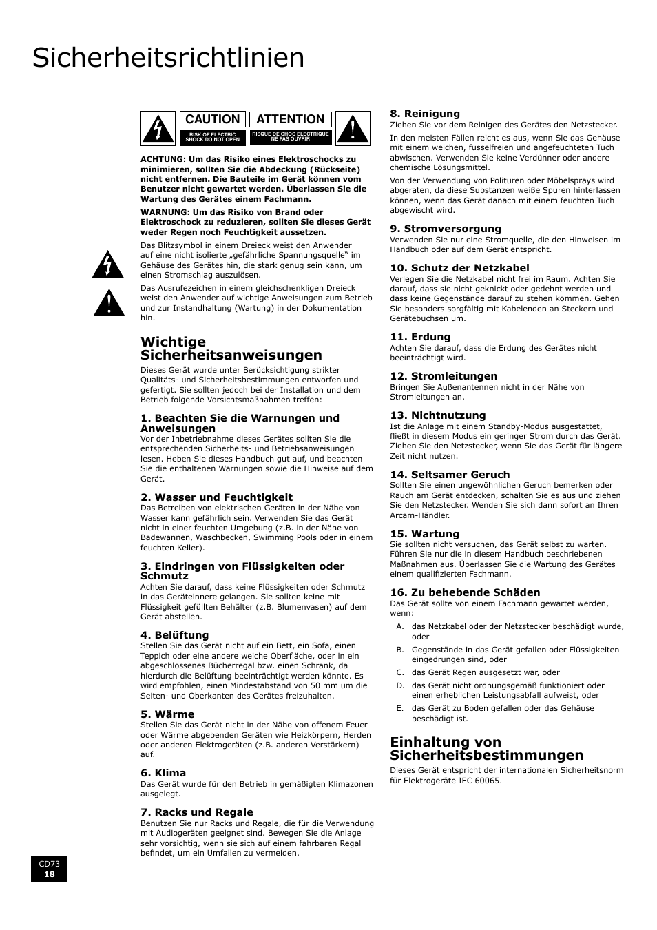 Sicherheitsrichtlinien, Wichtige sicherheitsanweisungen, Einhaltung von sicherheitsbestimmungen | Deu ts ch, Attention caution | Arcam CD73 User Manual | Page 18 / 36