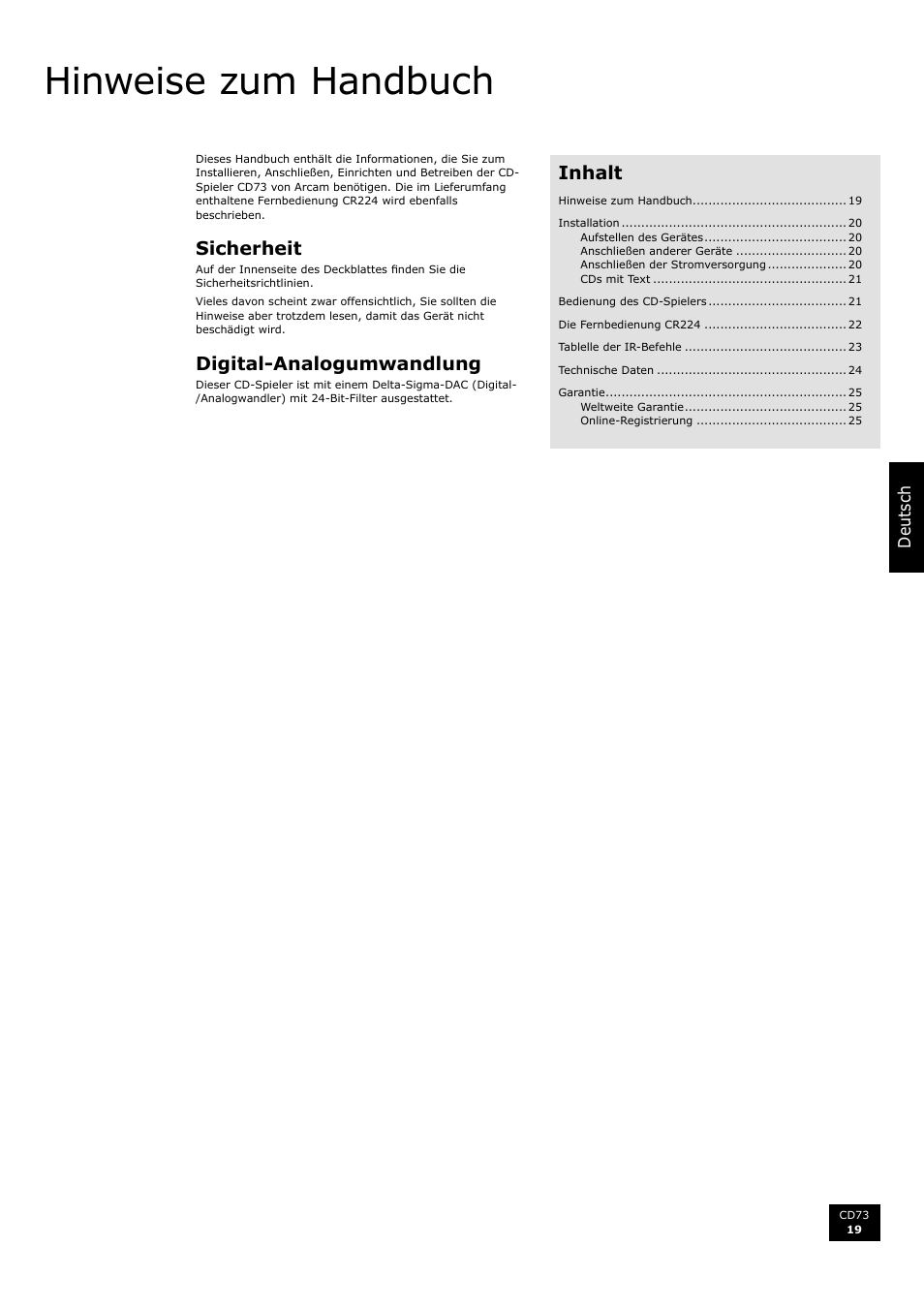Hinweise zum handbuch, Sicherheit, Digital-analogumwandlung | Inhalt | Arcam CD73 User Manual | Page 19 / 36