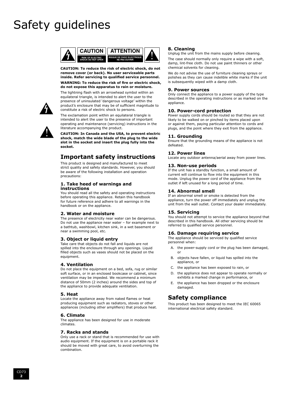 Safety guidelines, English, Important safety instructions | Safety compliance, En gl is h, Attention caution | Arcam CD73 User Manual | Page 2 / 36