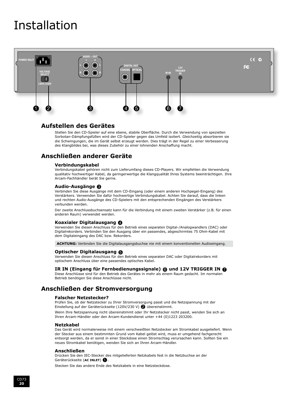 Installation, Aufstellen des gerätes, Anschließen anderer geräte | Anschließen der stromversorgung, 20 anschließen anderer geräte, 20 anschließen der stromversorgung, English | Arcam CD73 User Manual | Page 20 / 36