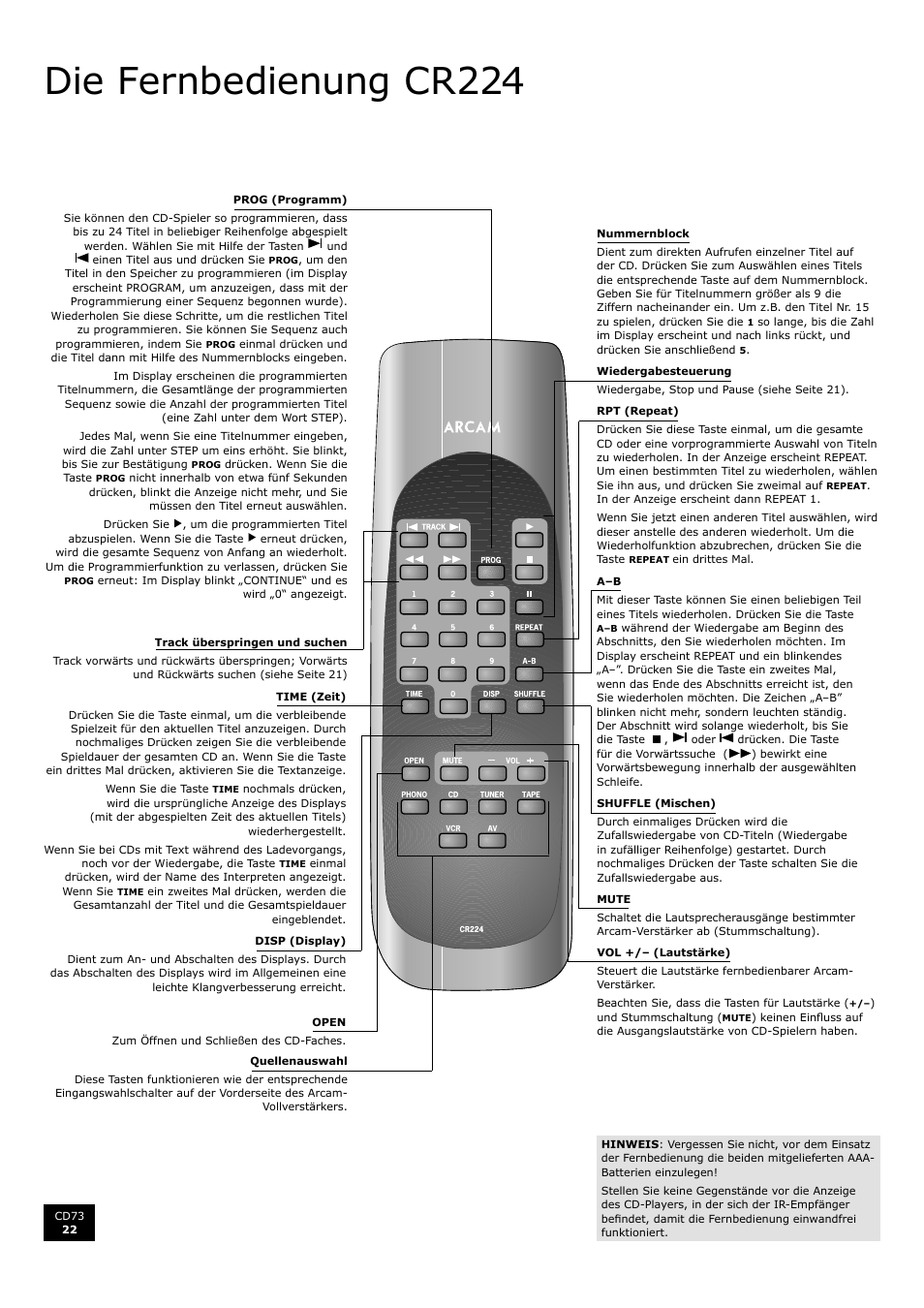 Die fernbedienung cr224, Deu ts ch | Arcam CD73 User Manual | Page 22 / 36