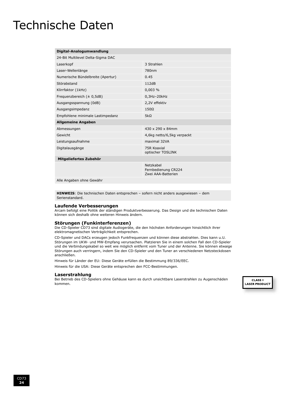Technische daten, English, Deu ts ch | Arcam CD73 User Manual | Page 24 / 36