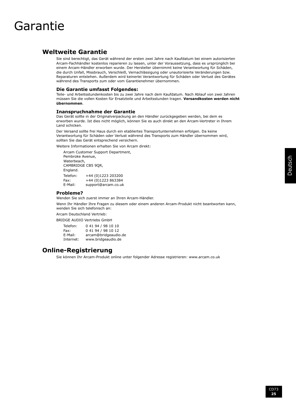 Garantie, Weltweite garantie, Online-registrierung | 25 online-registrierung, English, Deu ts ch | Arcam CD73 User Manual | Page 25 / 36