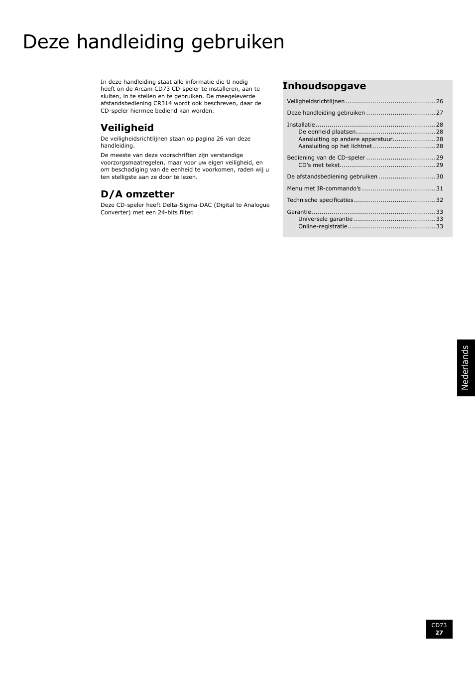 Deze handleiding gebruiken, Veiligheid, D/a omzetter | Inhoudsopgave | Arcam CD73 User Manual | Page 27 / 36
