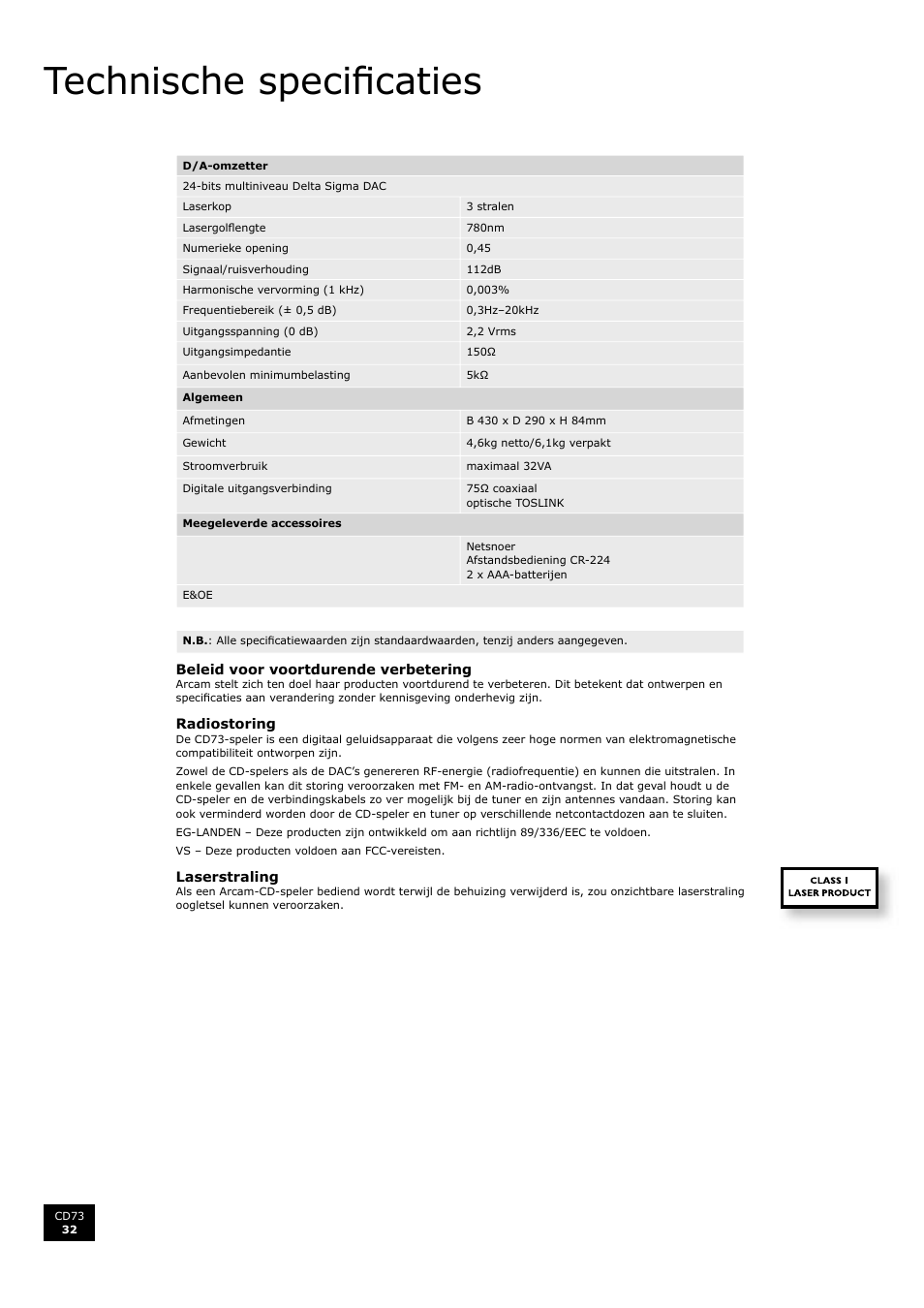 Technische specificaties, Technische specifi caties, Ned er la nd s | Arcam CD73 User Manual | Page 32 / 36