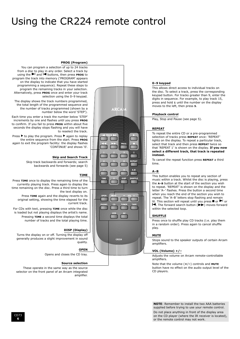 Using the cr224 remote control, English, En gl is h | Arcam CD73 User Manual | Page 6 / 36