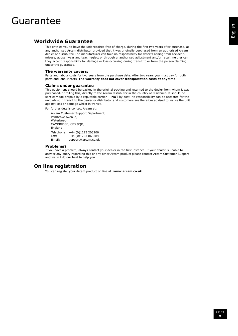 Guarantee, Worldwide guarantee, On line registration | 9 on line registration | Arcam CD73 User Manual | Page 9 / 36