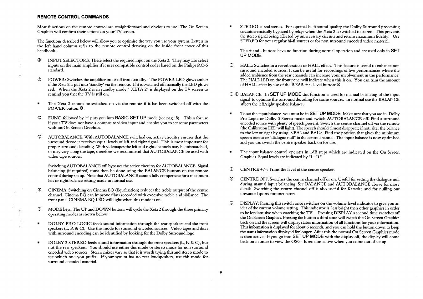 Remote control commands, Up mode | Arcam A/V Processor XETA 2 User Manual | Page 11 / 17