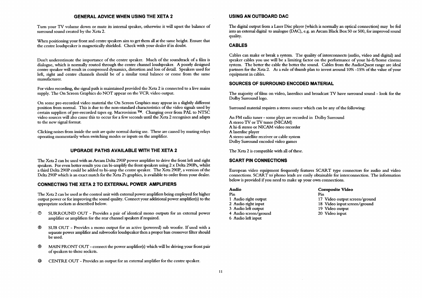 Upgrade paths available with the xeta 2, Connecting the xeta 2 to external power amplifiers, Cables | Sources of surround encoded material, Scart pin connections | Arcam A/V Processor XETA 2 User Manual | Page 13 / 17