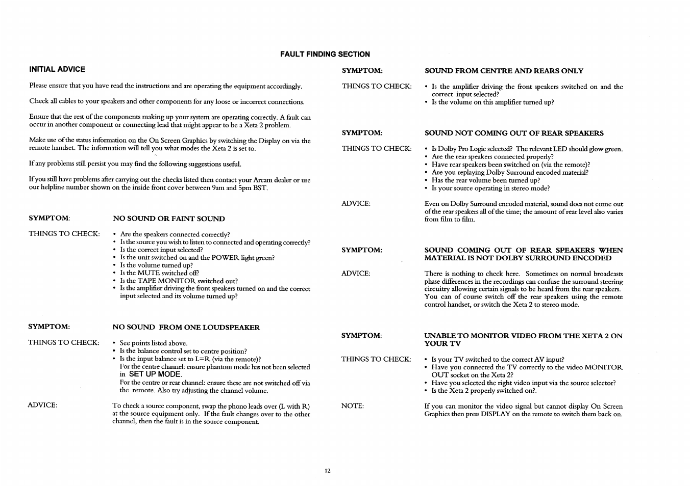 Initial advice, In set up mode | Arcam A/V Processor XETA 2 User Manual | Page 14 / 17