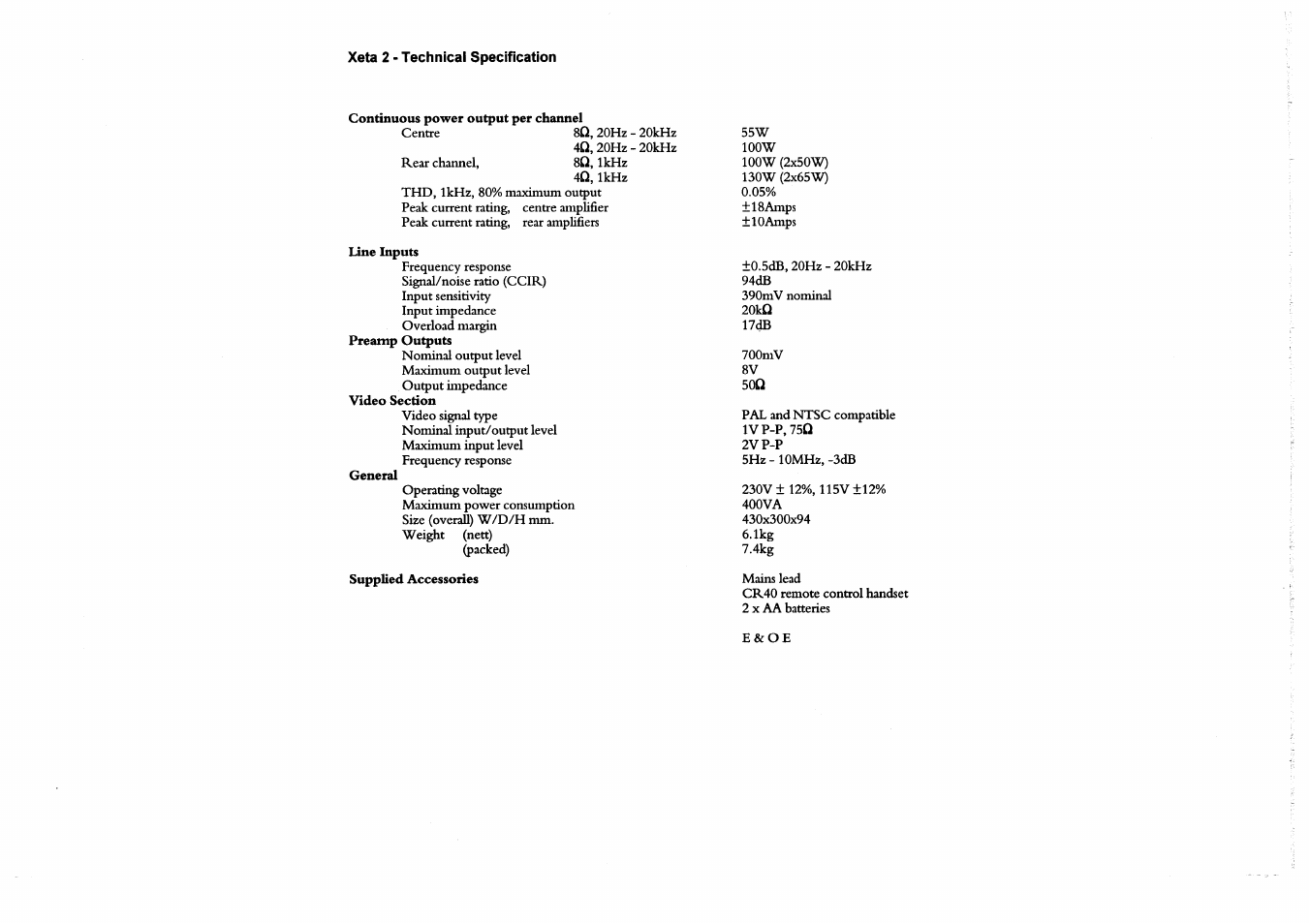 Xeta 2 • technical specification, 50c2 | Arcam A/V Processor XETA 2 User Manual | Page 16 / 17