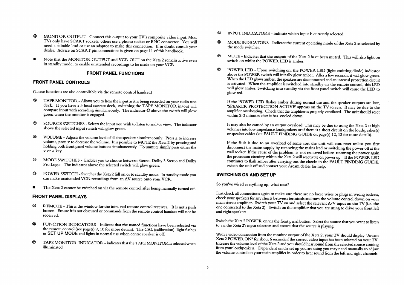 Front panel functions front panel controls, Front panel displays, Switching on and set up | Arcam A/V Processor XETA 2 User Manual | Page 7 / 17