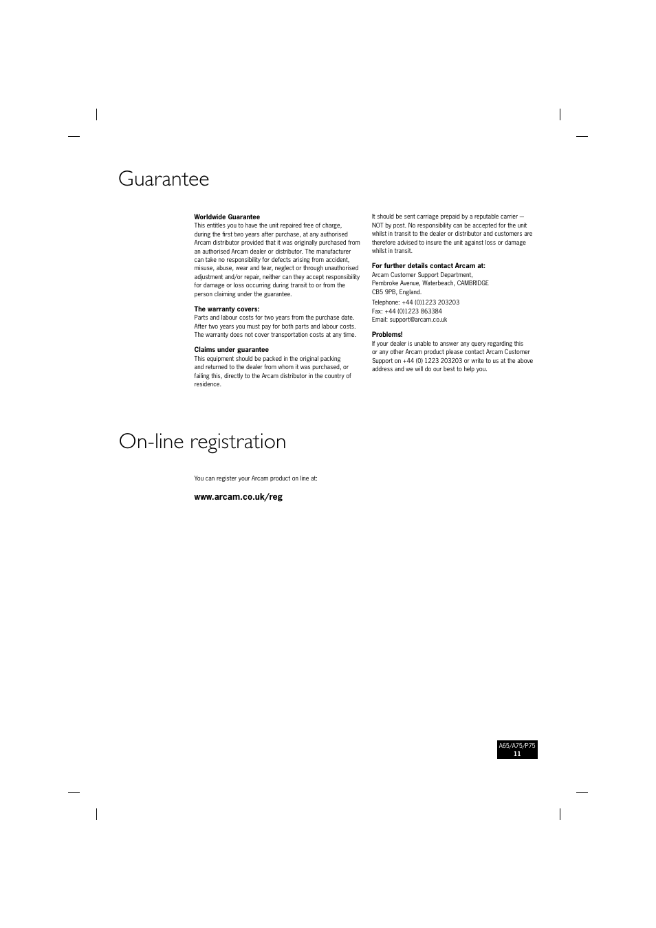 Guarantee on-line registration | Arcam P75 User Manual | Page 11 / 34