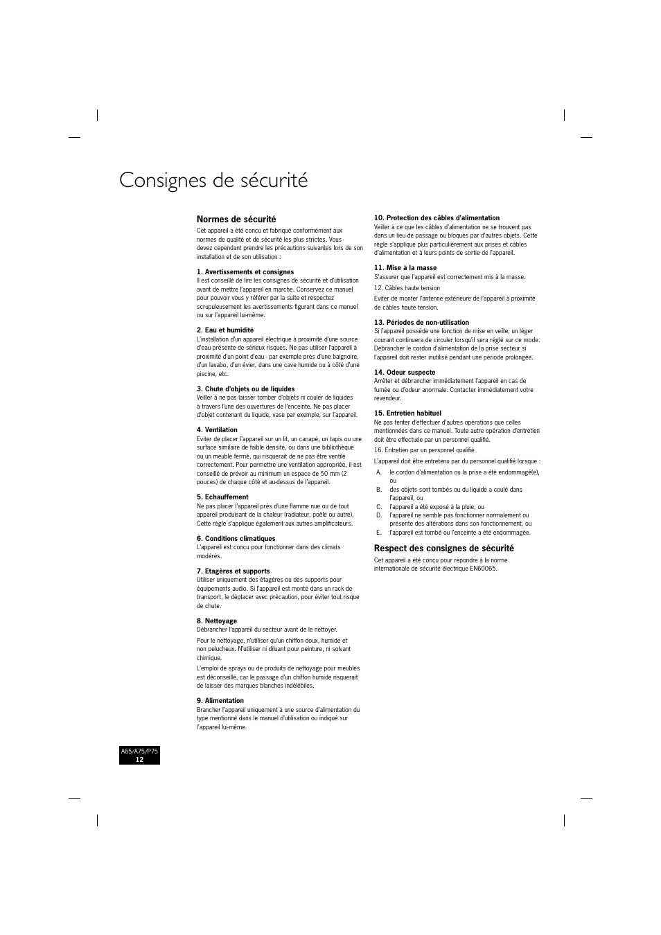 Consignes de sécurité | Arcam P75 User Manual | Page 12 / 34