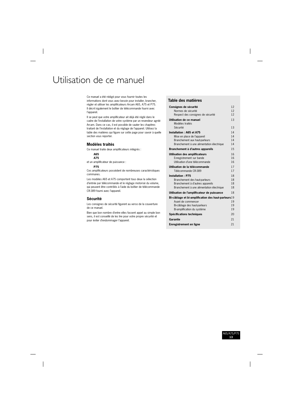 Utilisation de ce manuel | Arcam P75 User Manual | Page 13 / 34