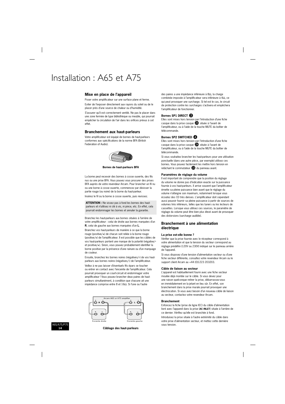 Installation : a65 et a75 | Arcam P75 User Manual | Page 14 / 34