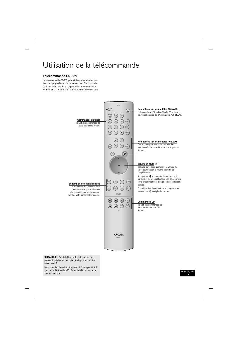 Utilisation de la télécommande, Télécommande cr-389 | Arcam P75 User Manual | Page 17 / 34